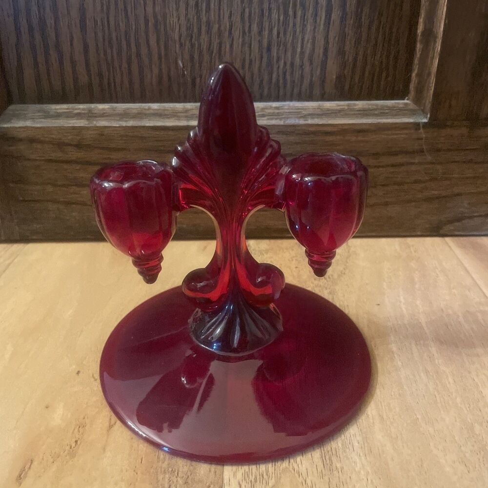 Vintage Art Deco Ruby Red double Taper candle holder Fleur De Lis Shape